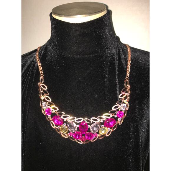 Rosegold Hot Pink Statement NECKLACE Bib Austrian Crystal Jewelry Gems HSN NEW - Picture 1 of 6